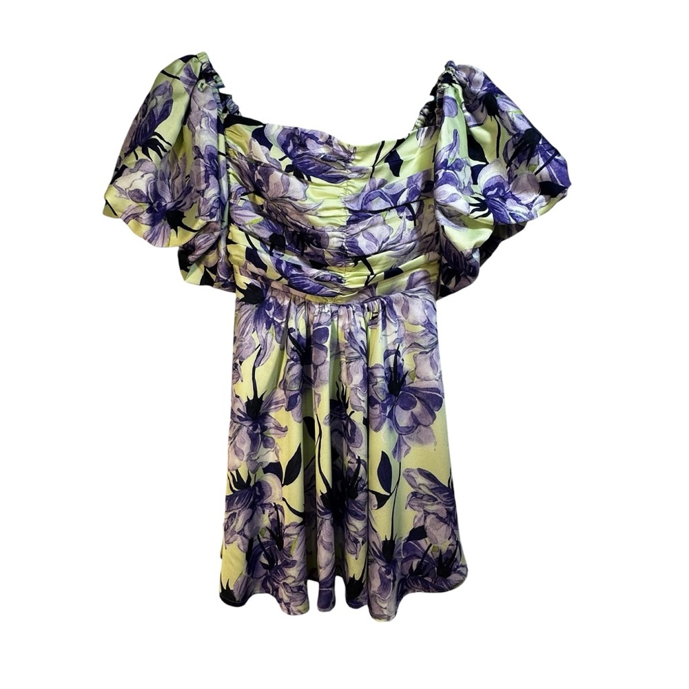 DELFI Purple Yellow Floral Puff Sleeve Sweetheart Mini Dress M Coquette Girl